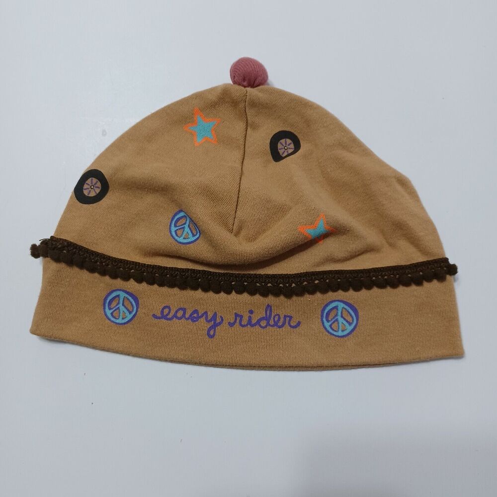 Natural Life Easy Rider Baby Girls Peace Star‎ 100% Cotton Brown Pink Beanie Hat